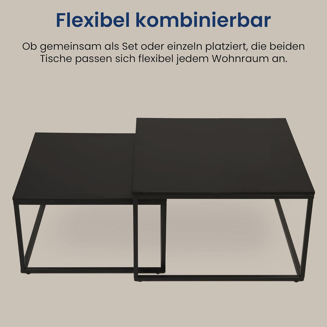 Couchtisch 2er Set quadratisch schwarz aus Holz, Wohnzimmertisch Modern, Beistelltisch Set 2 in 1 mi