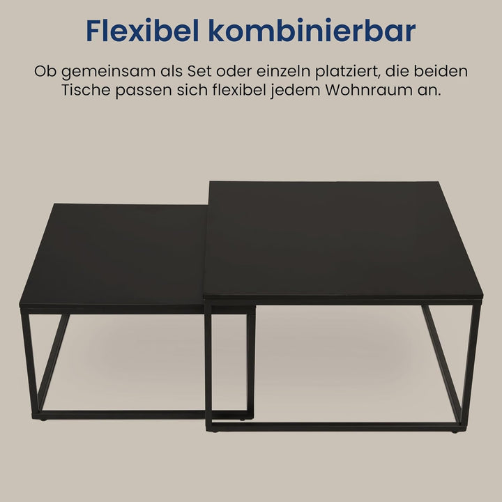 Couchtisch 2er Set quadratisch schwarz aus Holz, Wohnzimmertisch Modern, Beistelltisch Set 2 in 1 mi