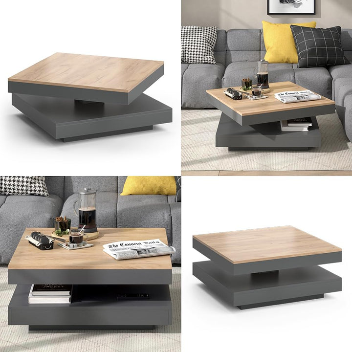 Vicco Couchtisch Elias 360° drehbar 70 x 70 x 34 cm Wohnzimmertisch Tisch (Anthrazit/Goldkraft)