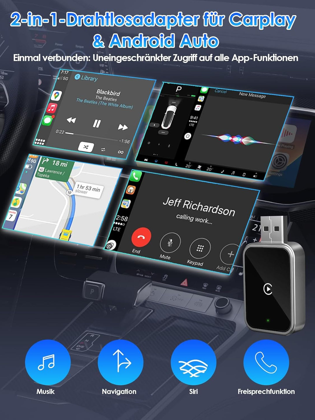 Wireless CarPlay Adapter – PARPAT Kabellose Umwandlung via USB/Type-C, Kompatibel mit iPhone, Stabil