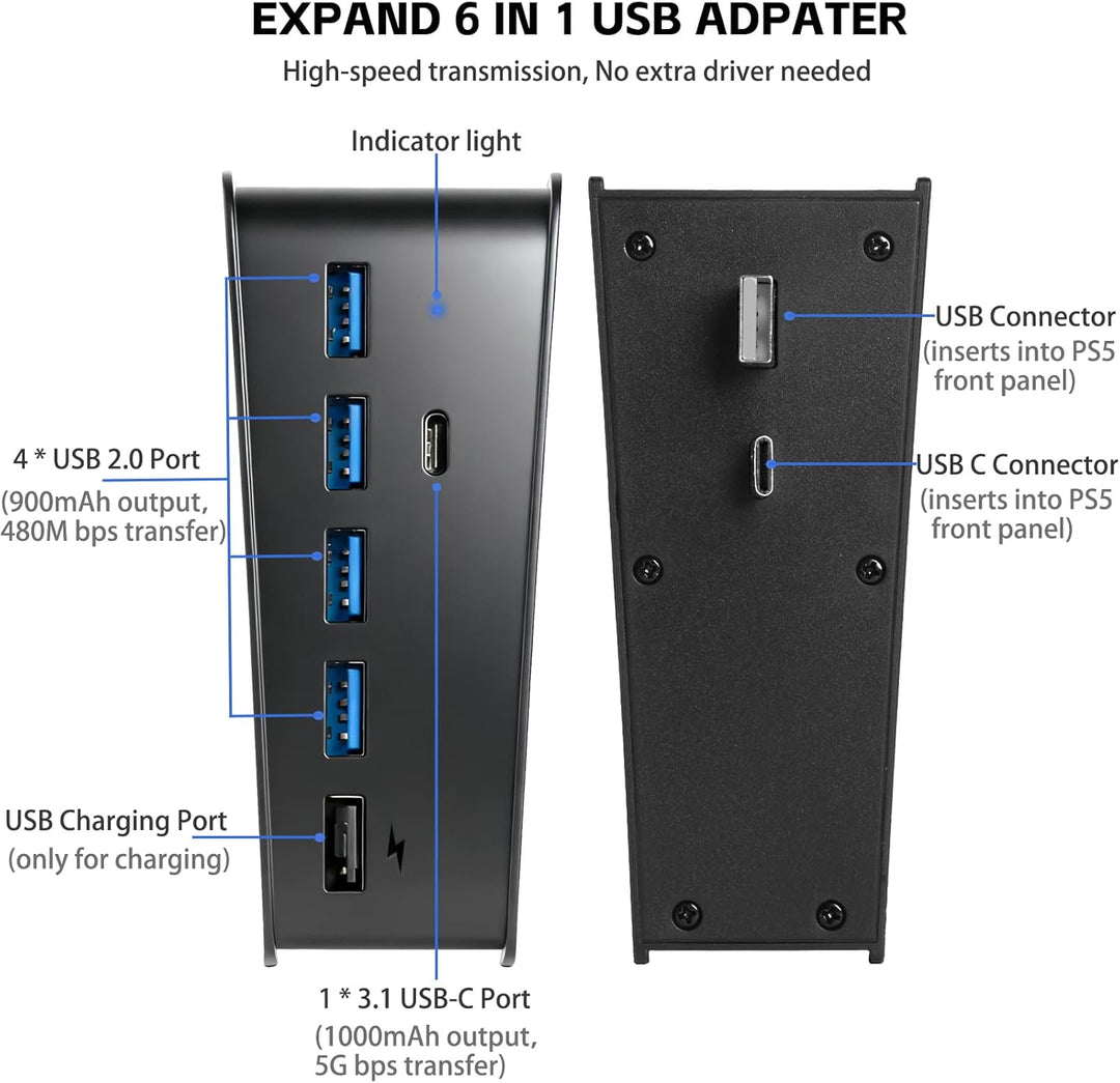6 Port USB Hub für PS5, High-Speed Expansion Hub Charger Splitter Adapter mit 4 USB + 1 USB Charging