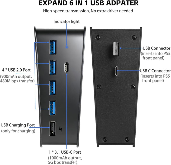 6 Port USB Hub für PS5, High-Speed Expansion Hub Charger Splitter Adapter mit 4 USB + 1 USB Charging