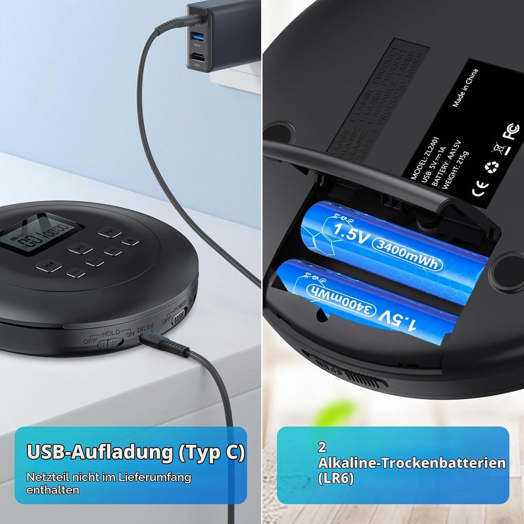 Gueray Tragbarer CD-Player CD Spieler Persönliche CD Player mit Kopfhörer LCD Display Anti-Skip Schu