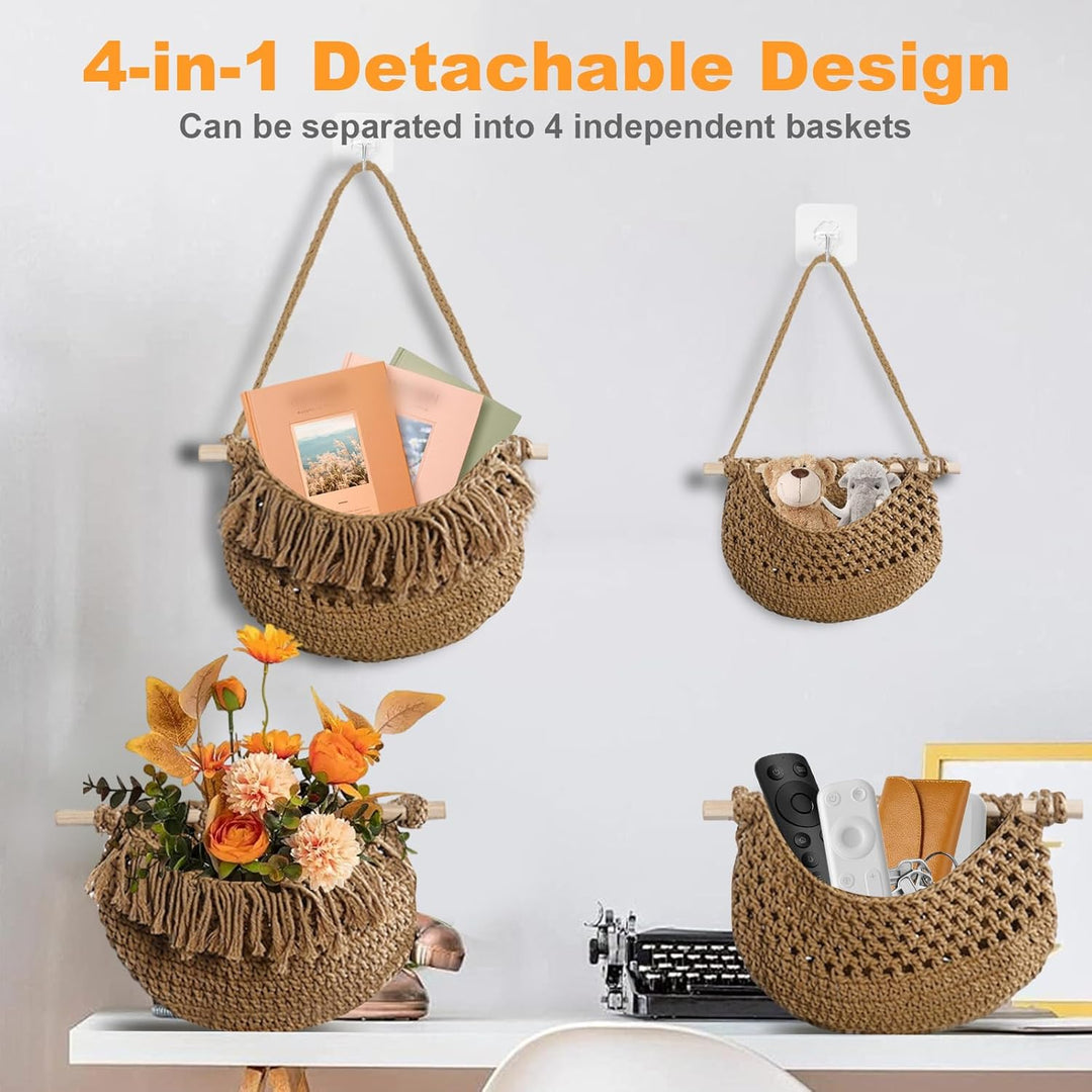 4 Stöckig Hängender Organizer Wand Hängekorb, Baumwollseil Hängeorganizer Tür Wandkorb mit 4 Haken,