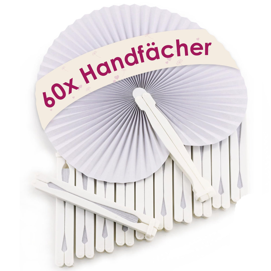 WeddingTree 60x Handfächer Hochzeit - Weiss - Papierfächer Hochzeit mit Griff und Verschluss - Handf