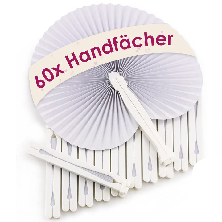 WeddingTree 60x Handfächer Hochzeit - Weiss - Papierfächer Hochzeit mit Griff und Verschluss - Handf