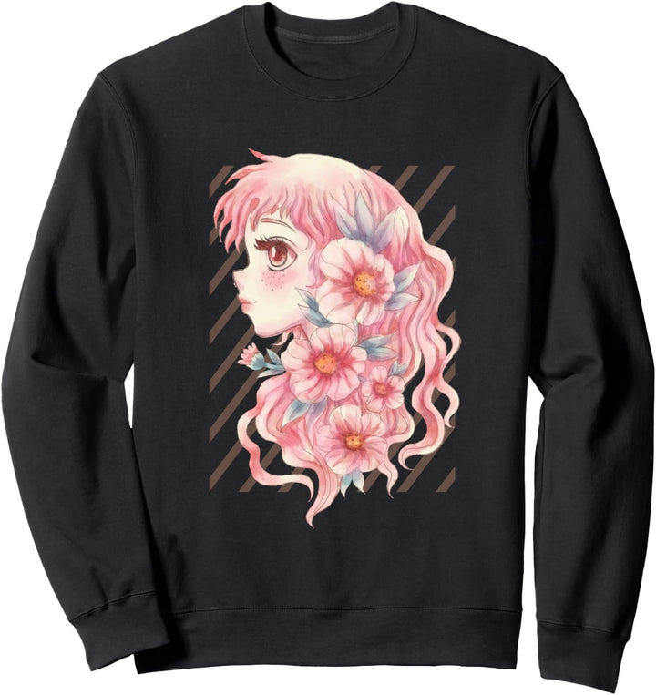 Japanese Anime Manga Girl | Pink Japanese Flower Aesthetic Sweatshirt