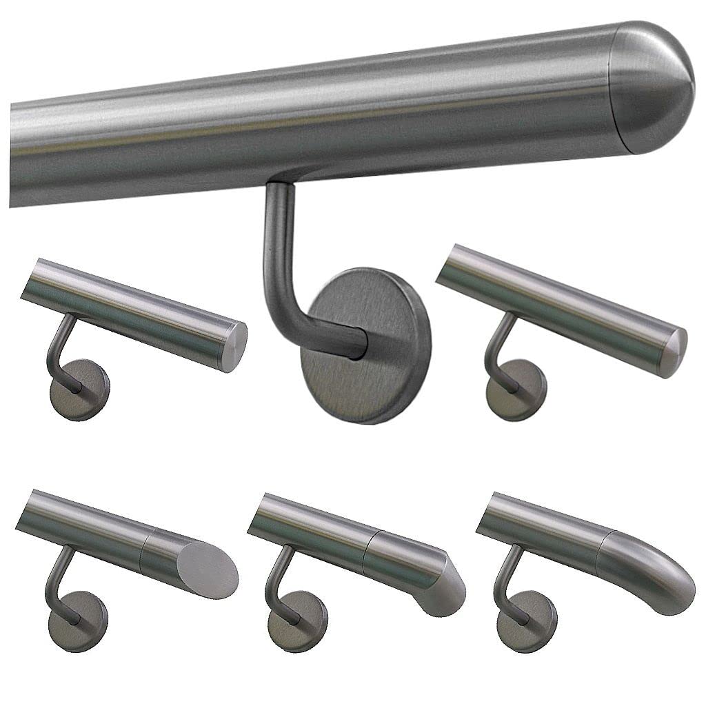 TIBU Handlauf Geländer Edelstahl Ø 42,4 mm - Länge 80 cm - Ende halbrunde Kappe und gewinkelte Halte