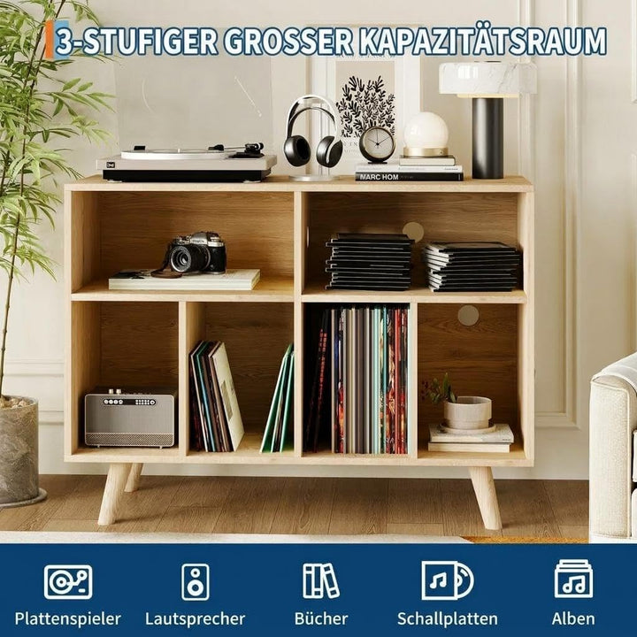 Garvee Grosses Plattenspieler Regal, Schallplattenregal für bis zu 350 Vinyl, Holzregal mit USB und