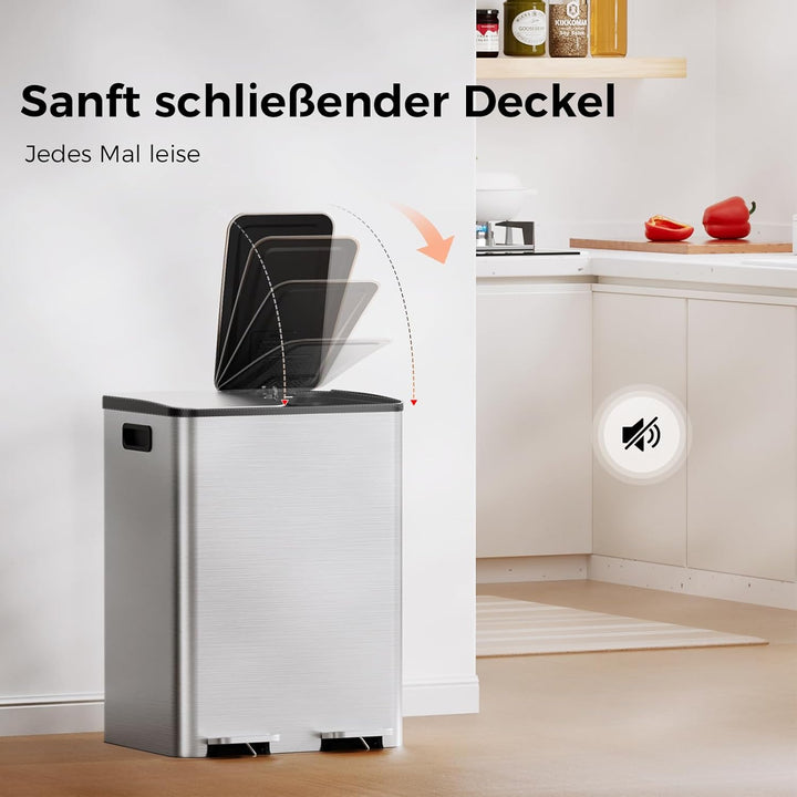 YASHE Mülleimer 2 Fächer mit Deckel, 2x20L Mülleimer Küche, Tretmülleimer Edelstahl mit 20 Müllbeute