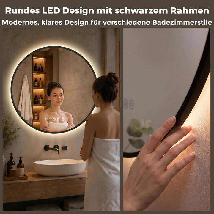 LED Badezimmerspiegel Rund Ø70 cm, Schwarzer Rahmen Schwarze Rahmenserie 70L x 70B cm, Schwarze Rahm