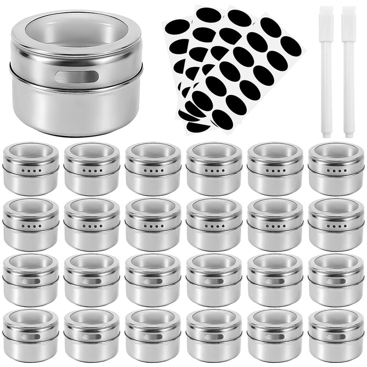 24 Stück Magnetische Gewürzdosen aus Edelstahl, Kleine Gewürzbehälter Set mit Deckel, Gewürz Aufbewa