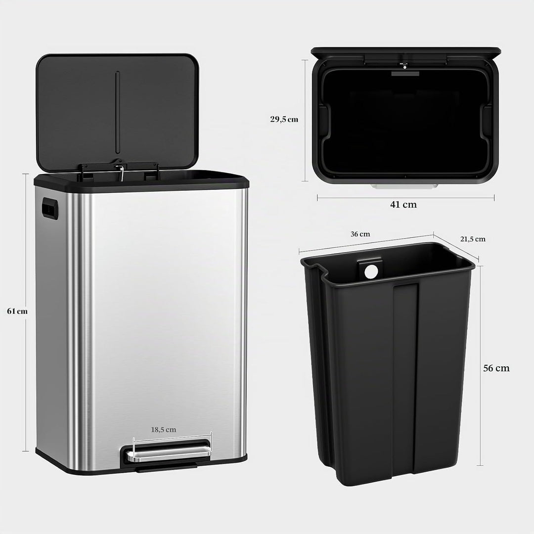 LIFERUN Mülleimer 40l, Abfalleimer Küche mit Inneneimer,mit Deckel Softclose, Tretmülleimer aus Stah