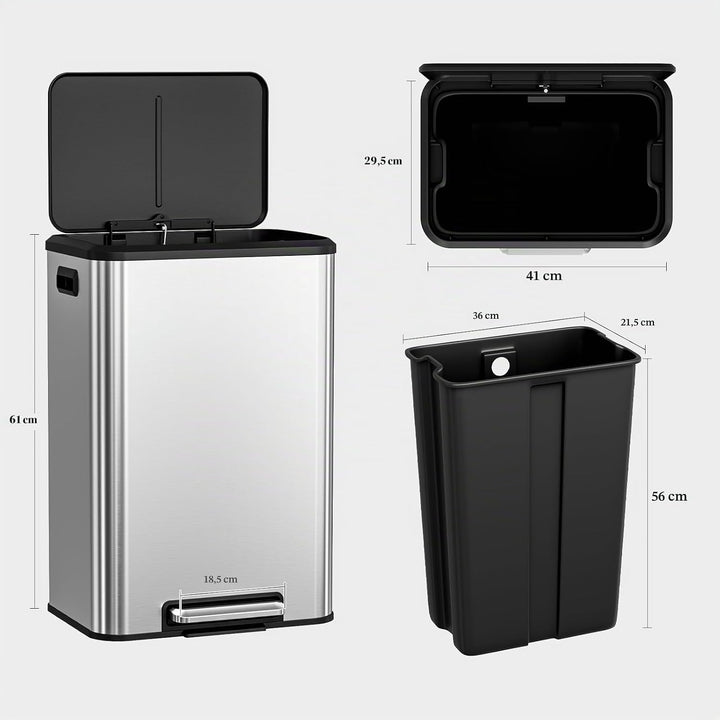 LIFERUN Mülleimer 40l, Abfalleimer Küche mit Inneneimer,mit Deckel Softclose, Tretmülleimer aus Stah