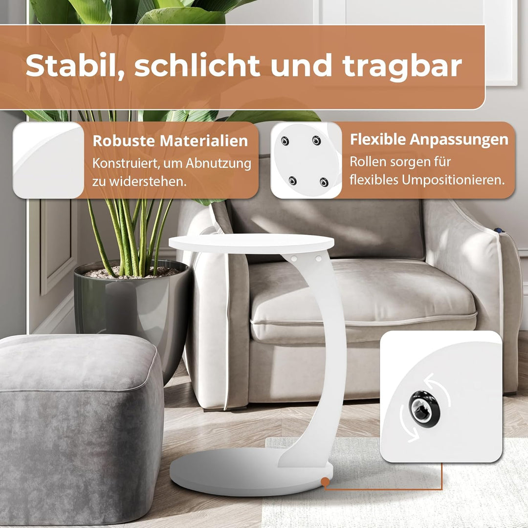 [en.casa] Beistelltisch Holeby Betttisch auf Rollen Laptoptisch Weiss Wohnzimmertisch C-Form Rolltis