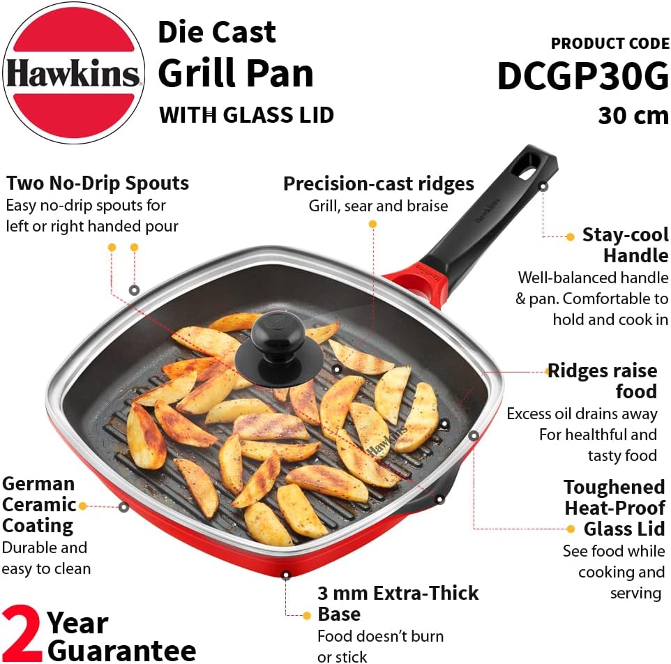 HAWKINS DCGP30G Grillpfanne mit Glasdeckel, 30 cm, Rot, Glasdeckel