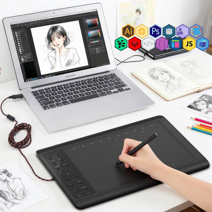 IMAGE Grafiktablett 10 x 6 Zoll grosse aktive Fläche mit 8192 Stufen batterielosem Stift und 12 Schn