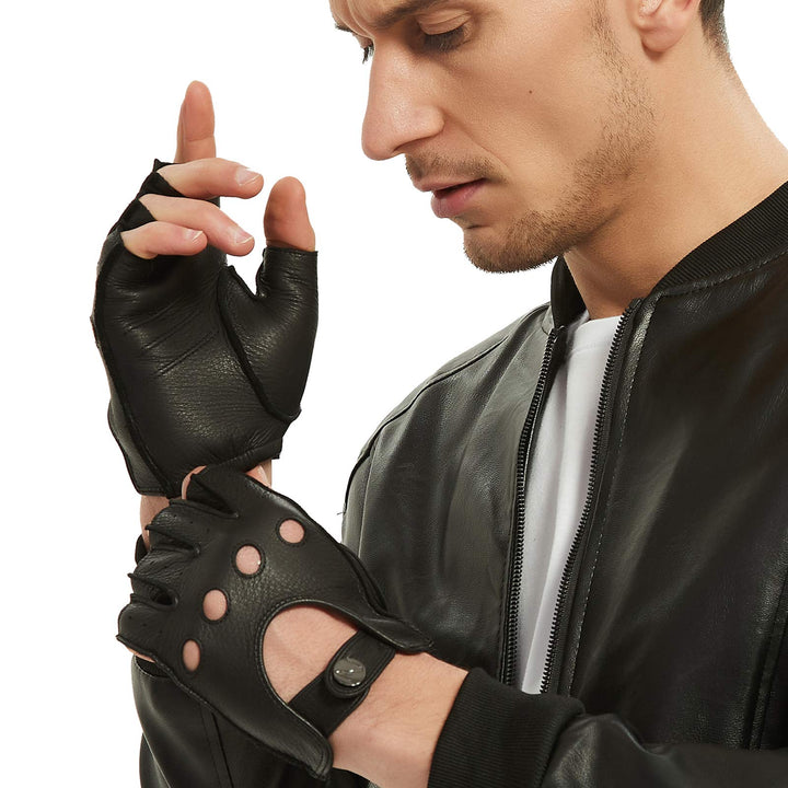 NOVBJECT Herren Fingerlose Lederhandschuhe Hirschleder Halber Finger Ungefüttert Motorrad Outdoor Au