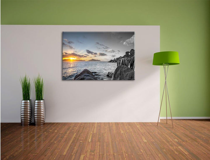 Pixxprint Sonnenuntergang Seychellen als Leinwandbild | Grösse: 100x70 cm | Wandbild | Kunstdruck |
