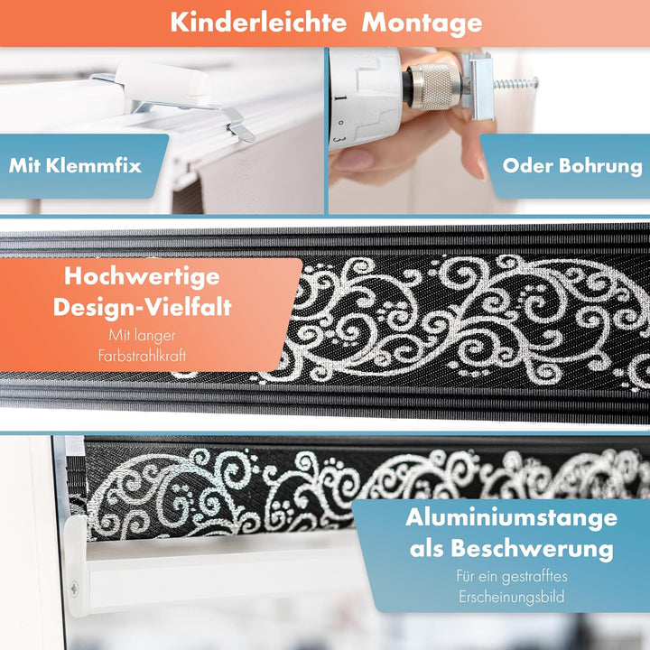 Bailena Doppelrollo ohne Bohren 4in1 Klemmfix Duo Rollos mit Muster Ranken Blumen Motiv mit Perlen G