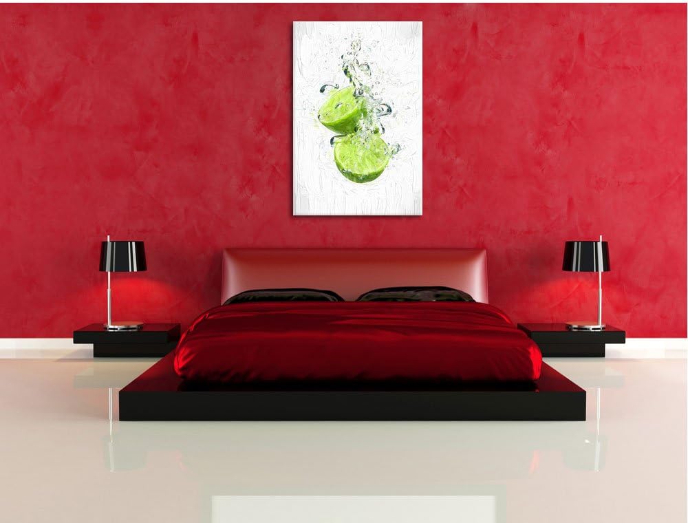 Pixxprint Limette fällt in Wasser / 100x70cm Leinwandbild bespannt auf Holzrahmen/Wandbild Kunstdruc