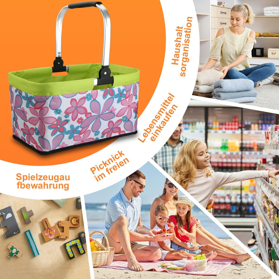 Einkaufskorb Faltbar 30L,Picknickkorb Klein Mit Gepolsterte Griffe Und ReissVerschlusstasche,Einkauf