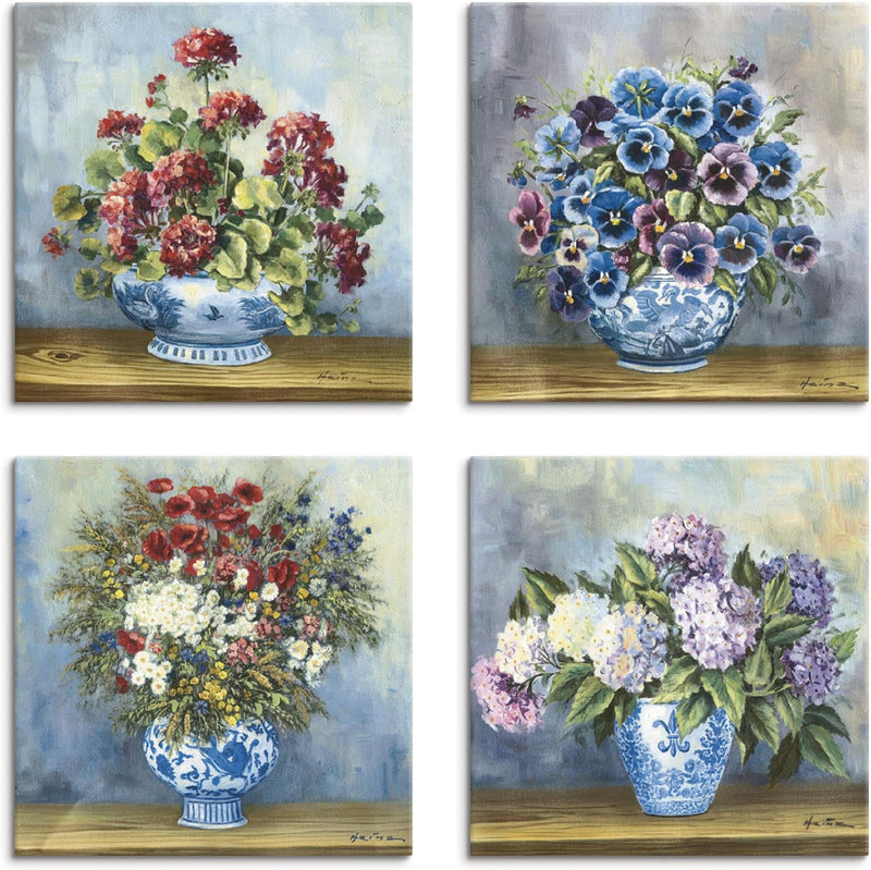 ARTLAND Leinwandbilder auf Holz Wandbild Bild Set 4 teilig je 40x40 cm Quadratisch Natur Blumen Male