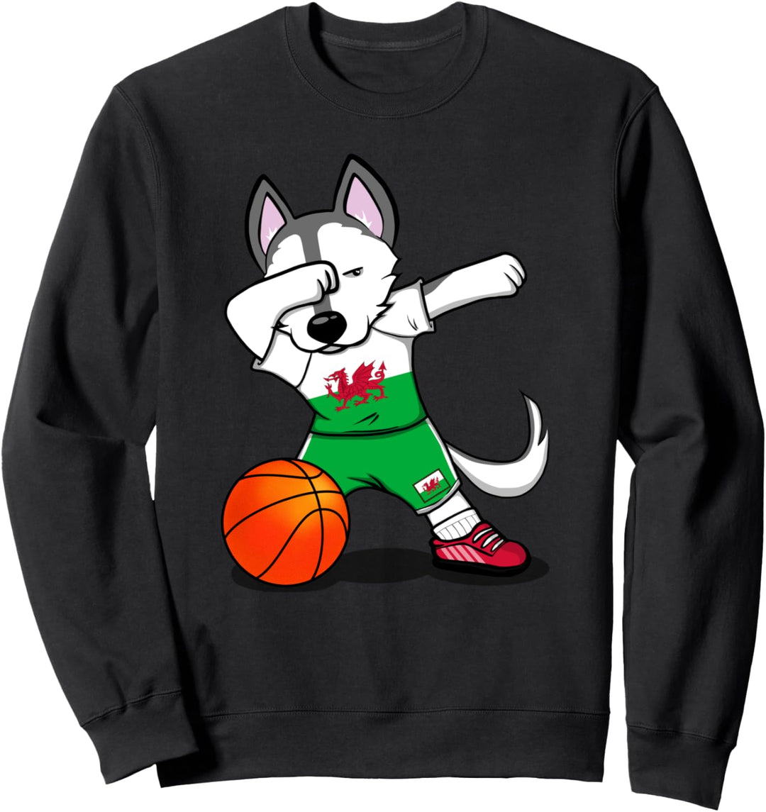 Dabbing Husky Hund Wales Basketball Mannschaft Flagge Sport Sweatshirt