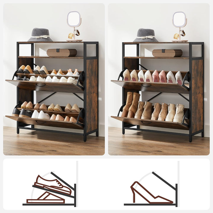 VASAGLE Schuhschrank, schmales Schuhregal, Schuhkipper mit 2 Klappen, für 10-16 Paar Schuhe, platzsp