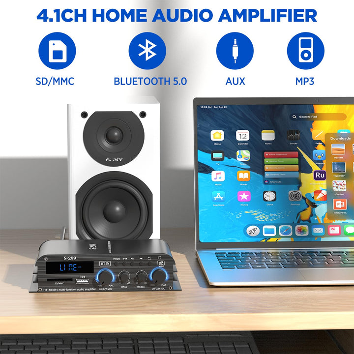 4.1-Kanal Verstärker, 1200W Mini HiFi Verstärker, Bluetooth 5.0 für Heimlautsprecher 40W x 4 + Activ