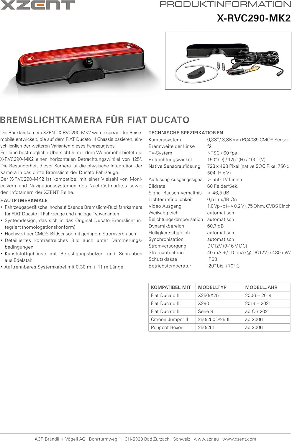 Rückfahrkamera für FIAT Ducato III X250/X251, X290, Serie 8, Peugeot Boxer 250/251, Citroen Jumper 2