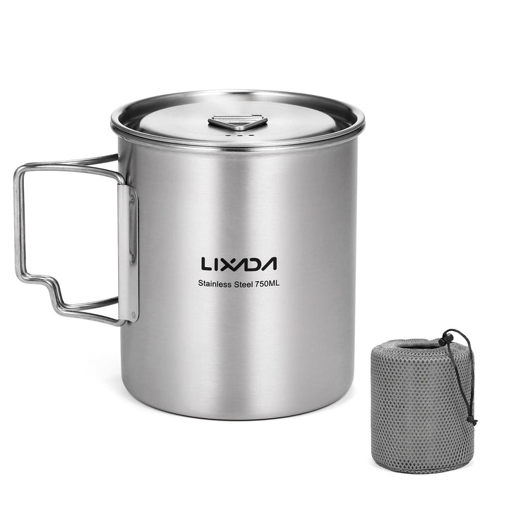Lixada Camping Topf Edelstahl Titan Tasse Becher 750ml mit Faltbaren Griffe und Deckel Outdoor Kocht