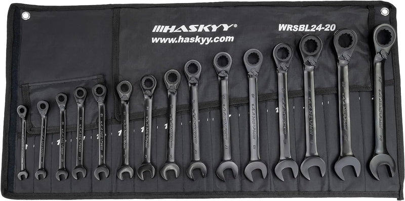 HASKYY 15-tlg Ring-Ratschenschlüssel Satz I Set 8-24 mm I SCHWARZ I Ring-Maulschlüssel mit Ratsche S