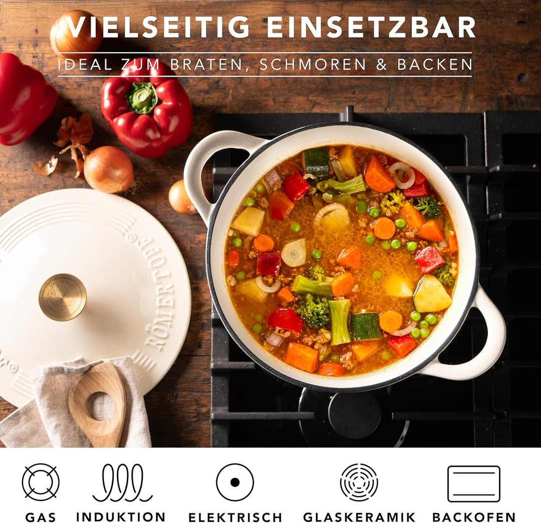 Römertopf Gusseisen Topf mit Deckel 24 cm – Bräter & Schmortopf emailliert, Dutch Oven für alle Herd