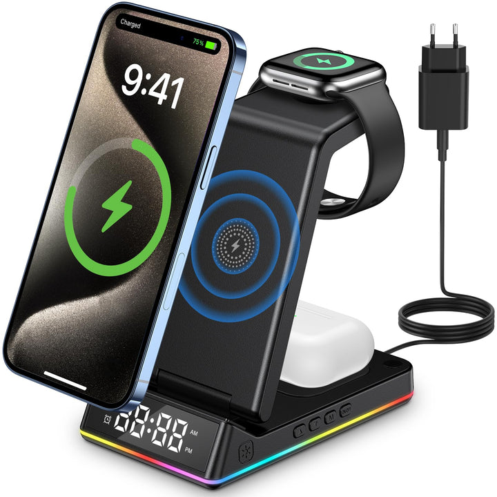 5 in 1 Ladestation Apple Watch und iPhone, Wireless Charger Induktive Ladestation iPhone mit Uhr LED