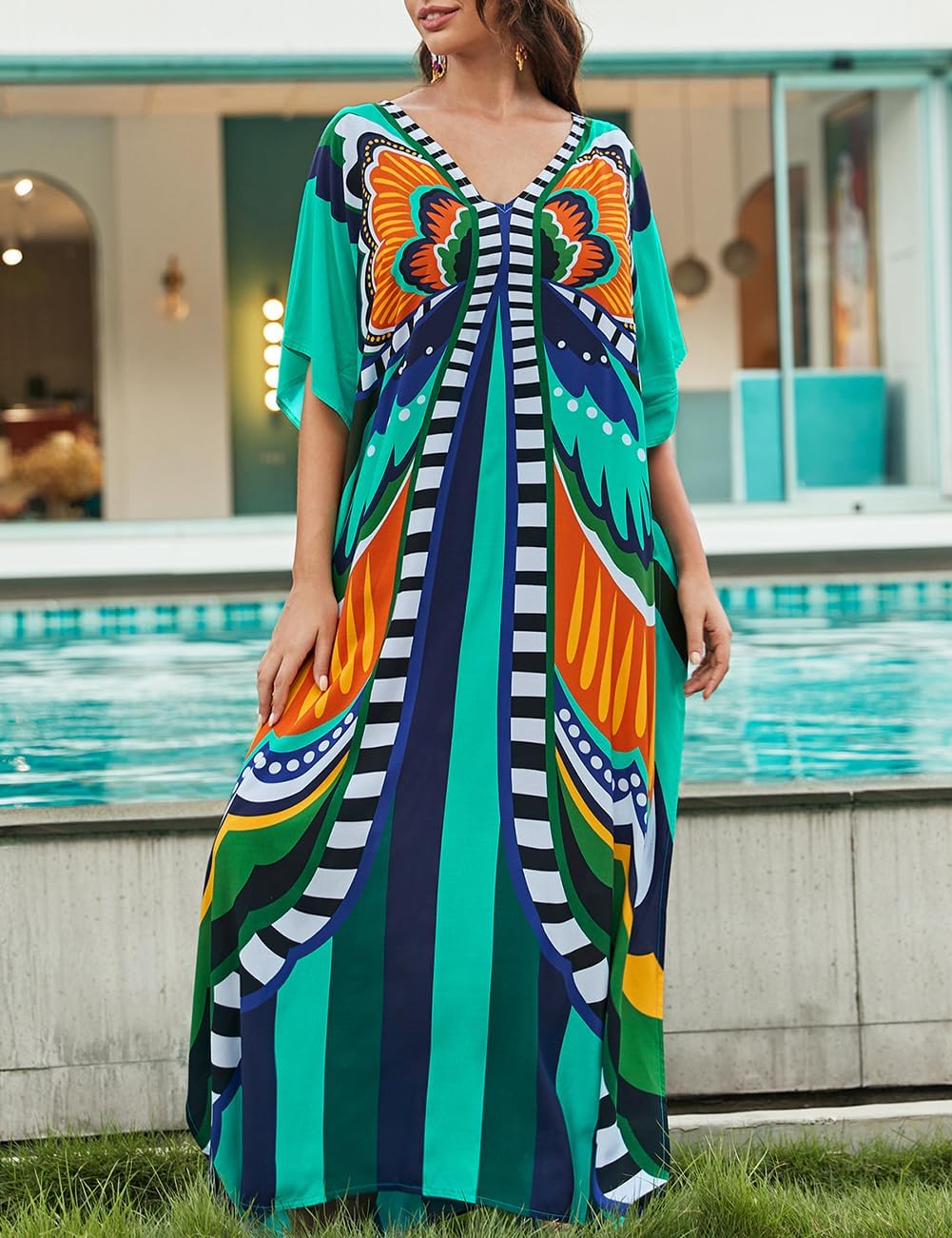 Bsubseach Lose Kaftan Kleider für Frauen Kurzarm Badeanzug Cover Up Casual Urlaub Outfits Grün Blau,