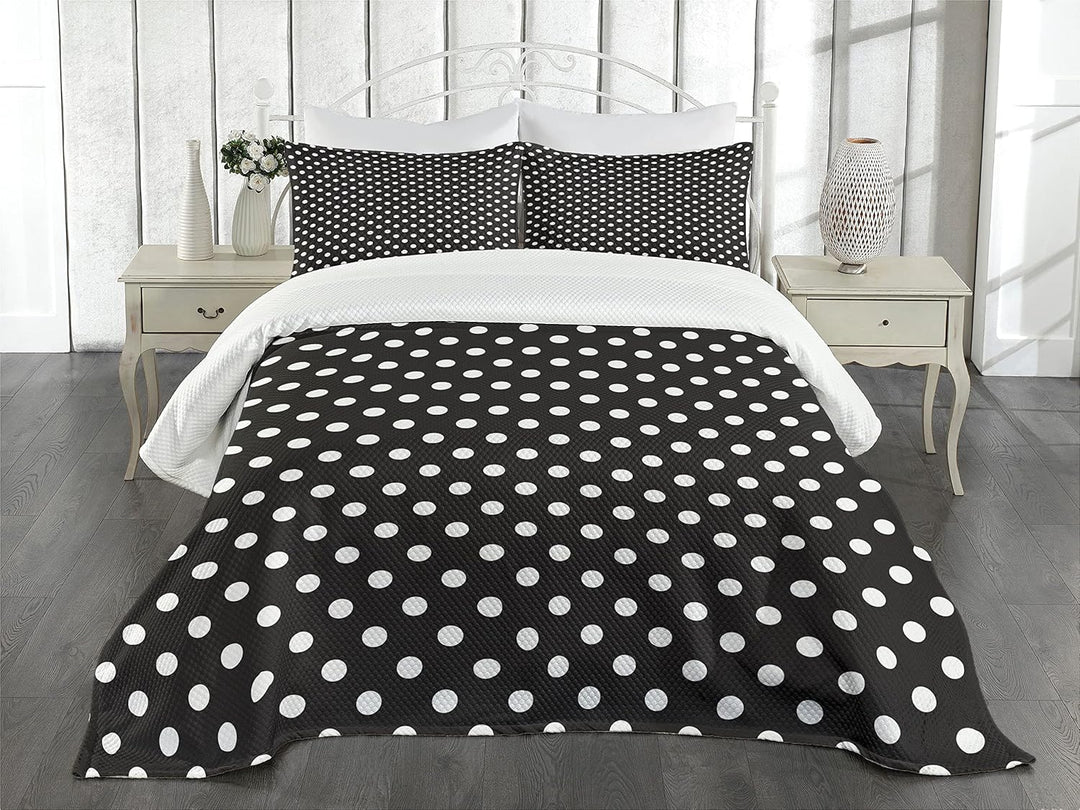 ABAKUHAUS Schwarz und weiss Tagesdecke Set, traditionelle Punkte, Set mit Kissenbezügen Waschbar, fü