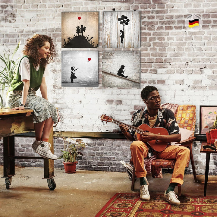Novart Bilder Set Banksy Collage - KOMPLETT AUFHÄNGFERTIG - Grau Rot Orange Wohnzimmer Schlafzimmer