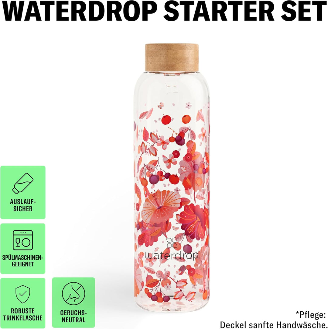 waterdrop® Flasche aus Glas 600ml inkl. 18 zuckerfreie Drops - Geschenk für Frauen - Probierpaket mi