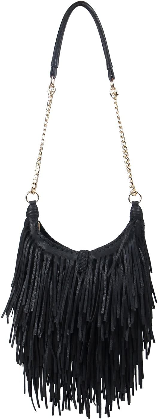 LUI SUI Damen handgefertigte Leder Franse Quaste Crossbody Hobo Schultertasche Umhängetaschen Schwar