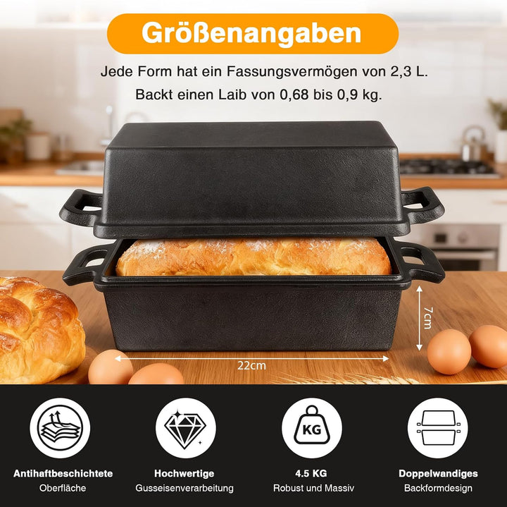 Brotbackform mit Deckel, Gusseisen Topf Brot Backen, 2-in-1 Brotbacktopf für selbstgebackenes Sandwi