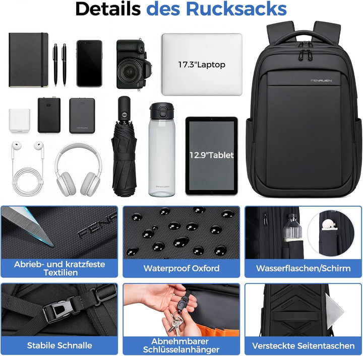Rucksack Herren –Handgepäck Rucksack 17.3-Zoll Laptop Rucksack Erweiterbar (Wasserdicht & Anti-Diebs