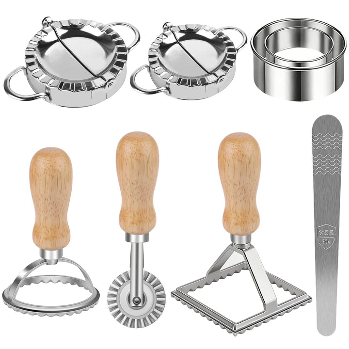 8 Stück Ravioli Former Set, Edelstahl Dumpling, Mit Ravioli Maker Ausstecher und Teigrädchen Teigtas