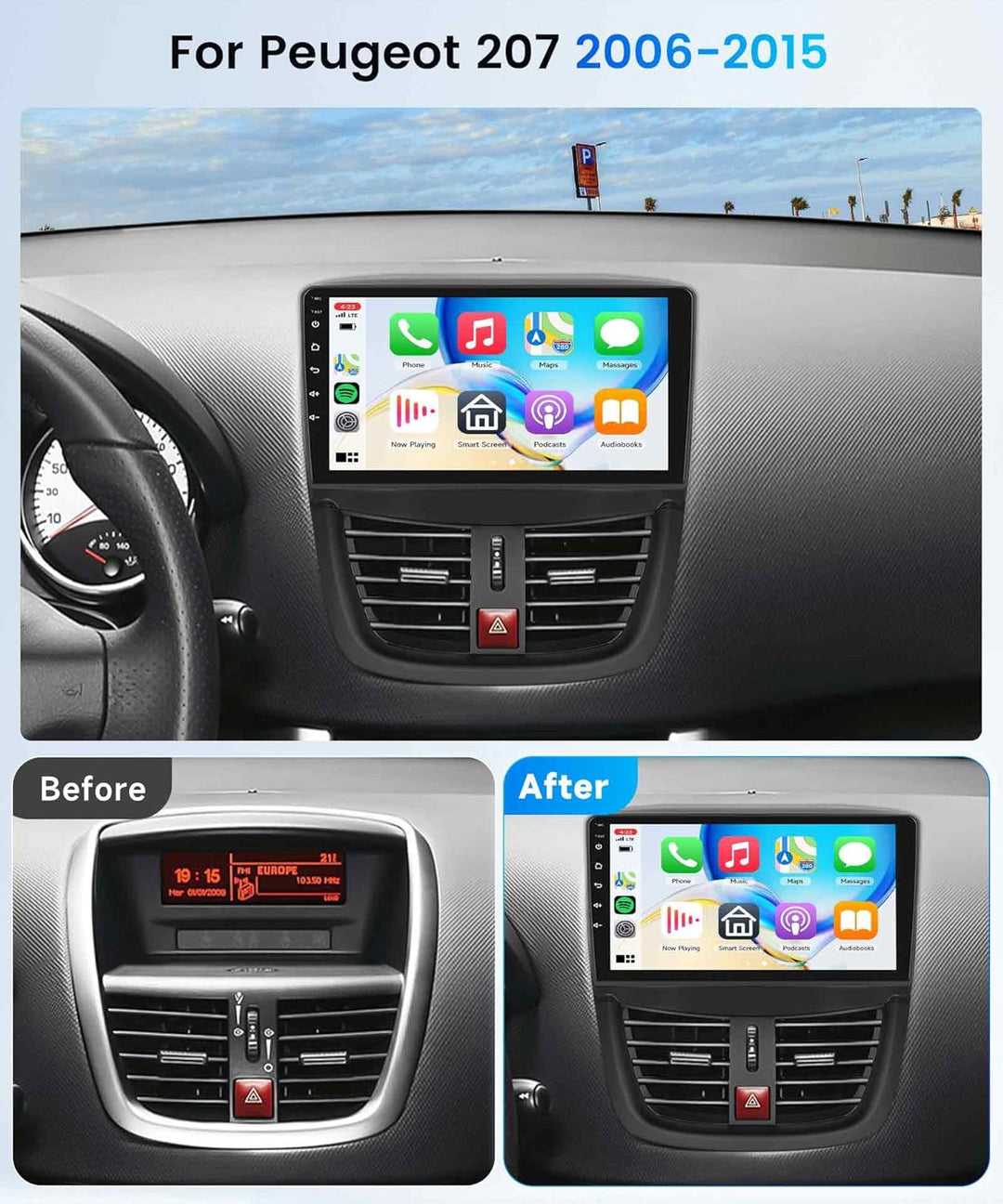 4G+64G Rimoody 9'' Autoradio Android für Peugeot 207 2006-2015 mit Wireless Carplay Android Auto Tou
