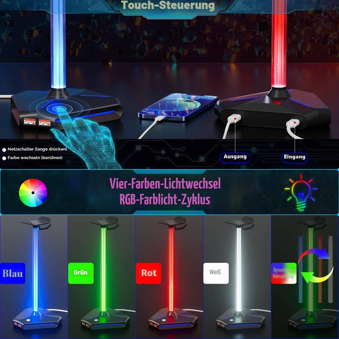 ALACOO RGB Kopfhörer Ständer, Headset Halterung Halter mit 2 USB 2.0-Anschlüssen, Typ C Eingang & Au