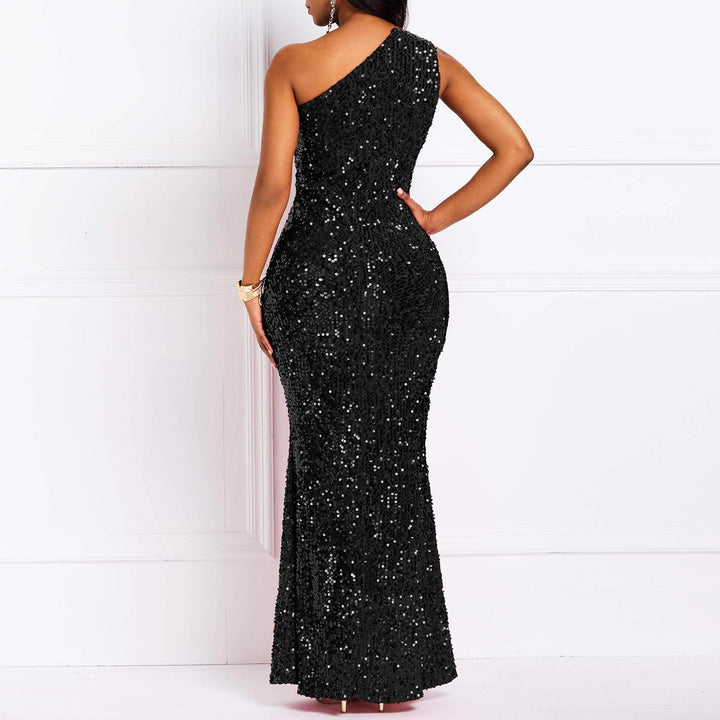 VERWIN Pailletten-Maxikleid für Damen, ärmellos, schräger Kragen, figurbetontes Kleid, Partykleid L