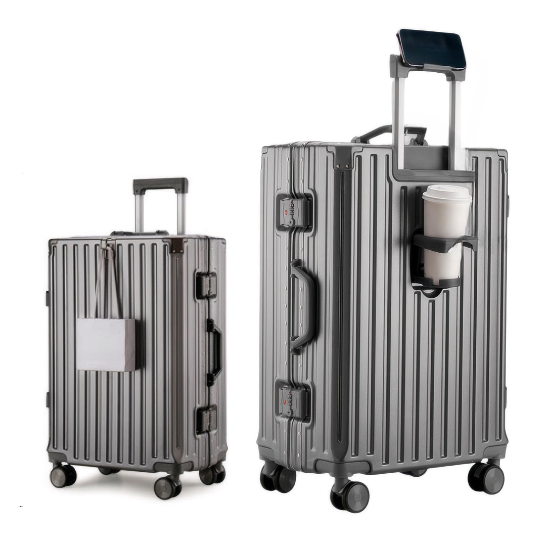 Alu-Rahmen Handgepäck Koffer (55cm) - 45L Hartschalenkoffer mit Becherhalter & Handyhalter - Premium