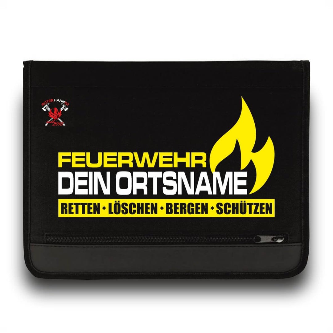 Feuerwehr Schreibmappe/FW Flamme +Ortsname/Neongelb-Weiss/Roter Hahn 112 / Einsatzorganizer auch für