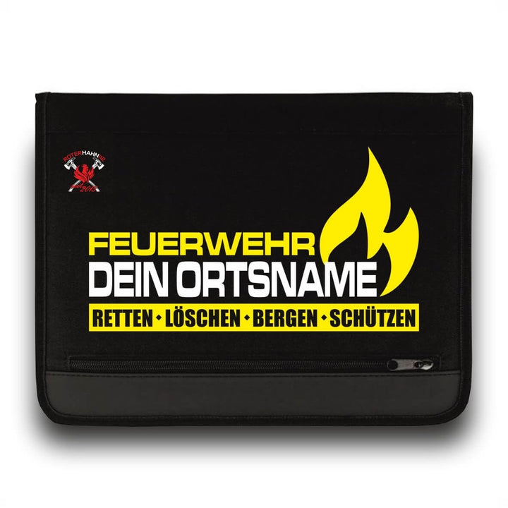 Feuerwehr Schreibmappe/FW Flamme +Ortsname/Neongelb-Weiss/Roter Hahn 112 / Einsatzorganizer auch für