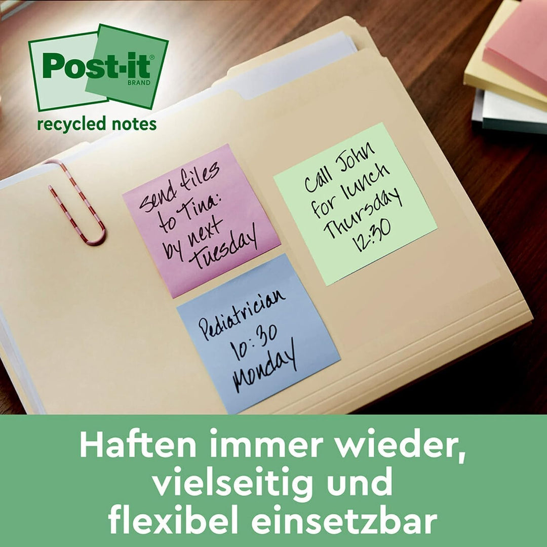 Post-it Recycling Notes, Assortierte Farben, Packung mit 16 Blöcken, 100 Blatt pro Block, 76 mm x 76